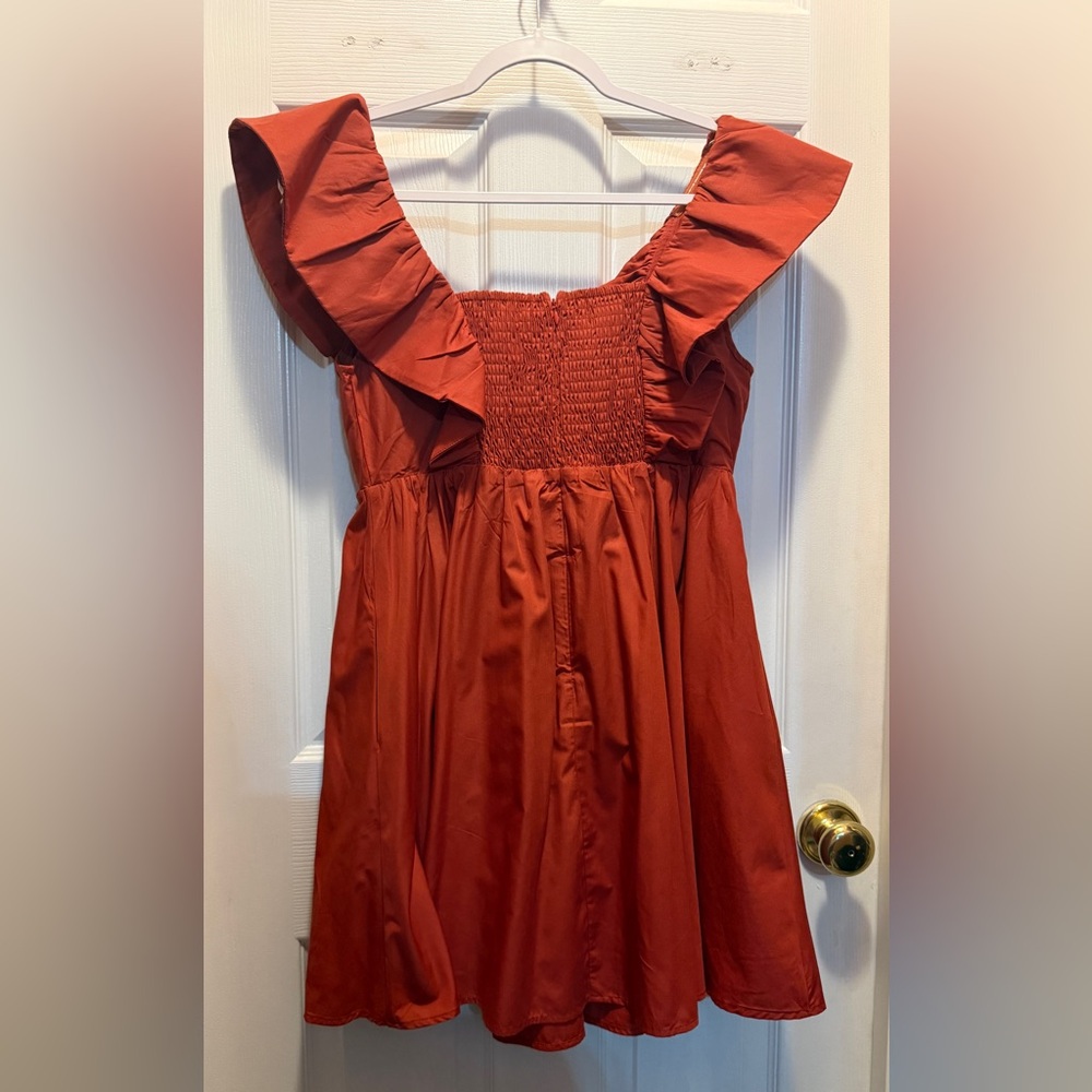 ☀️ Entro Rust Orange Ruffled V-Neck Dress - Picture 4 of 7
